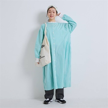 【YURK Geniet van】リブコンビ ストライプ 前開き 長袖ワンピース