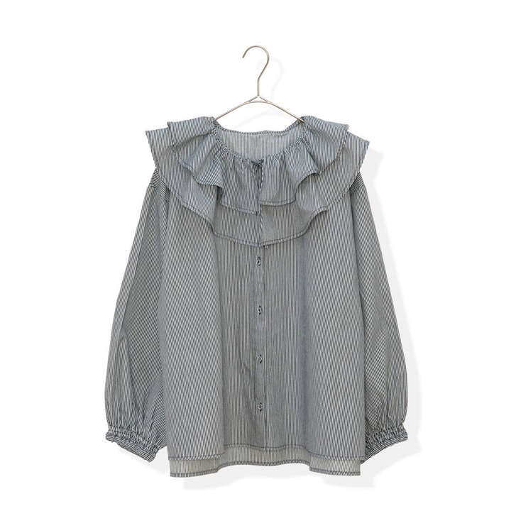 【ista-ire】ラッフルカラー 前開き 長袖ブラウス ストライプ