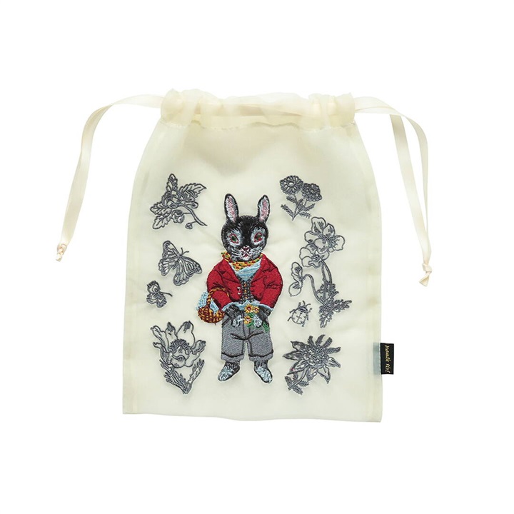 【Nathalie Lete】Organdy Drawstring pouch 刺繍巾着ポーチ