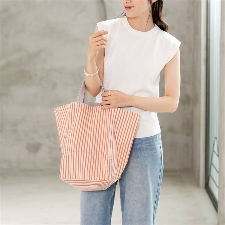 【shesay】2wayブロックプリントのトートバッグ ストライプ柄(GY)