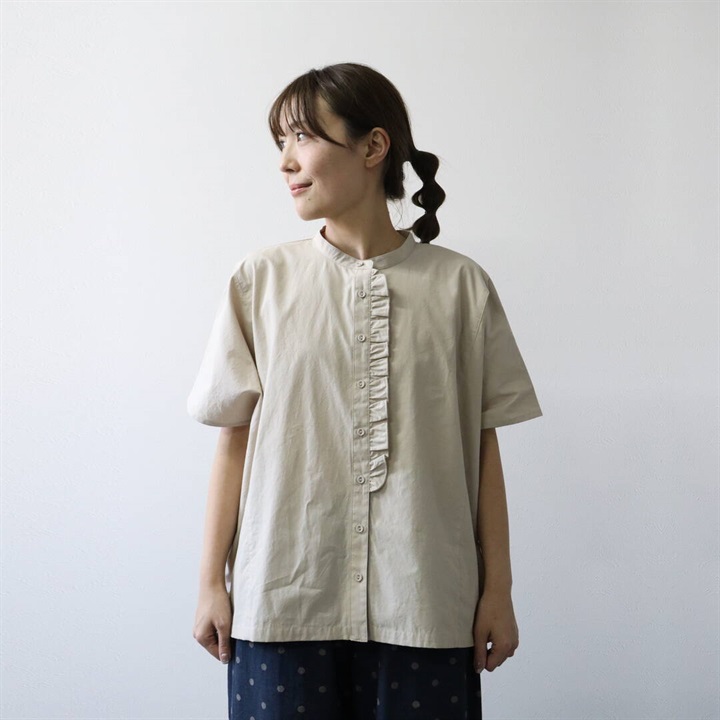 【Cloudnine】3.5ozデニムフリル付き前開き半袖ブラウス