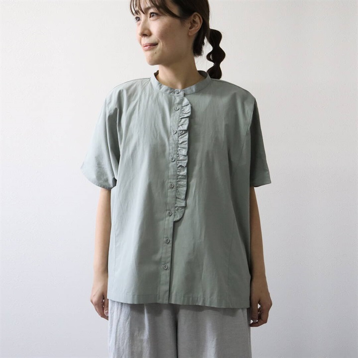 【Cloudnine】3.5ozデニムフリル付き前開き半袖ブラウス