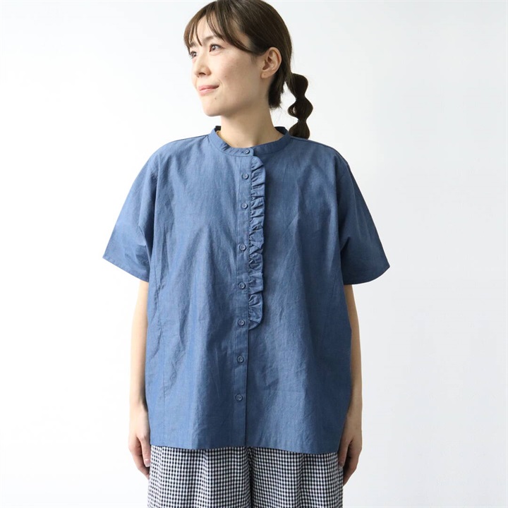 【Cloudnine】3.5ozデニムフリル付き前開き半袖ブラウス
