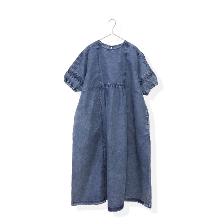 【Lupilien】4.5ozデニムスモック半袖ワンピース