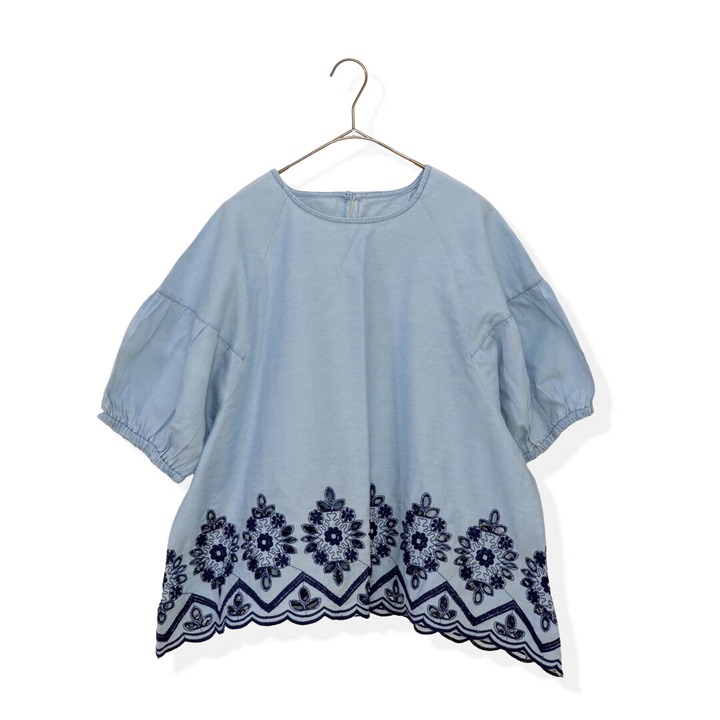 【Lupilien】4.5ozデニムスカラップ刺繍半袖ブラウス