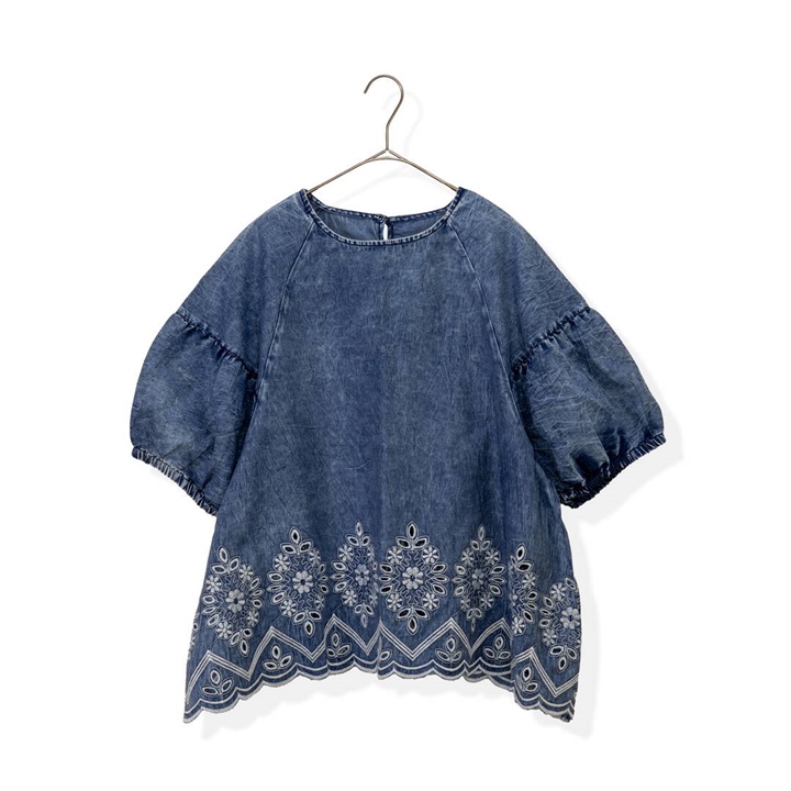 【Lupilien】4.5ozデニムスカラップ刺繍半袖ブラウス