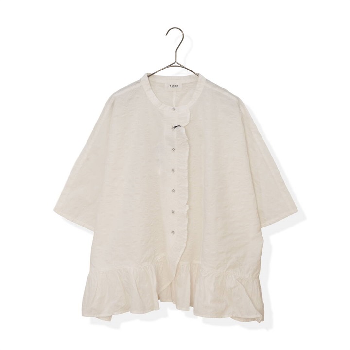 【YURK Geniet van】半袖シャツ 前開き 塩縮幾何学柄 フリルドルマン