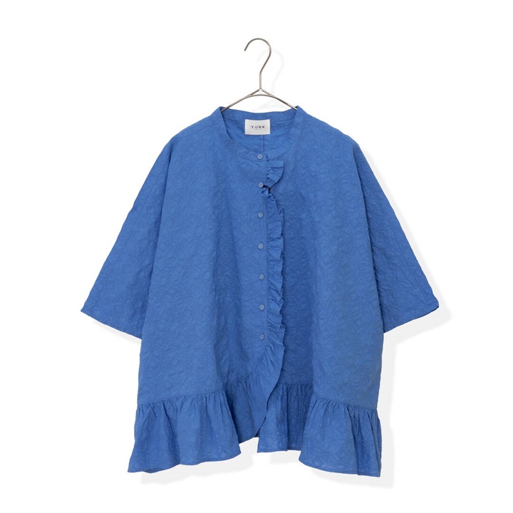 【YURK Geniet van】半袖シャツ 前開き 塩縮幾何学柄 フリルドルマン