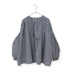 【YURK Geniet van】長袖カーディガン 先染めギンガム リボンシャツ(NAVY)