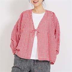 【YURK Geniet van】長袖カーディガン 先染めギンガム リボンシャツ