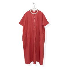 【YURK Geniet van】綿麻配色多釦半袖ワンピース(RED)