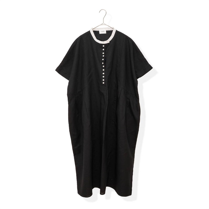 【YURK Geniet van】綿麻配色多釦半袖ワンピース(BLACK)