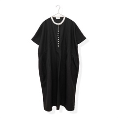 【YURK Geniet van】綿麻配色多釦半袖ワンピース(BLACK)