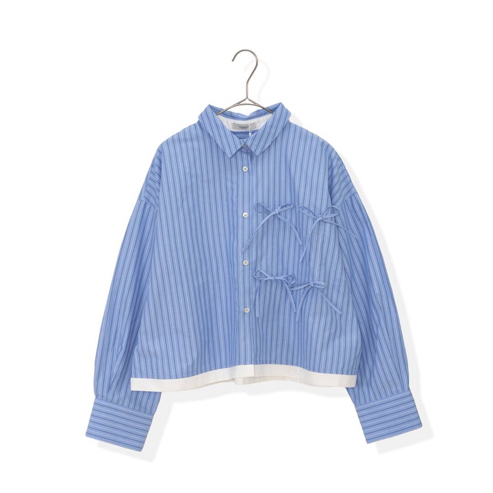 【POU DOU DOU】長袖シャツ ダブルヘムmany manyリボン 前開き(370 STRIPE)
