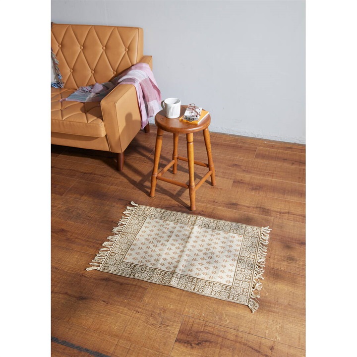 【People Tree】手織りブロックプリントラグマット(ブラウン)