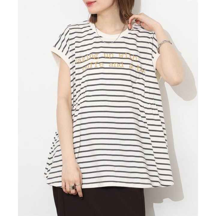 【Arinomama】フレンチスリーブTシャツ 天竺ボーダー タック入り