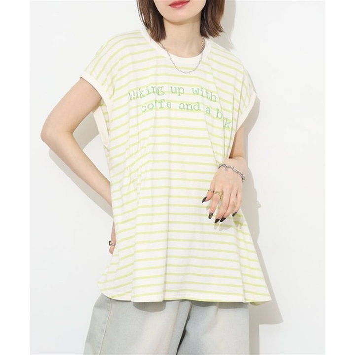 【Arinomama】フレンチスリーブTシャツ 天竺ボーダー タック入り