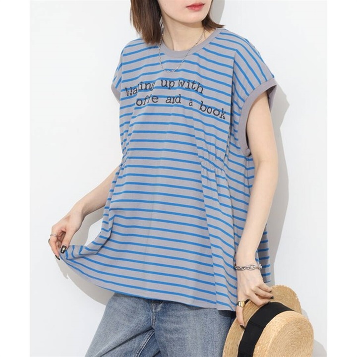 【Arinomama】フレンチスリーブTシャツ 天竺ボーダー タック入り