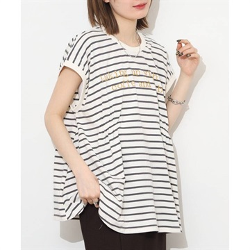 【Arinomama】フレンチスリーブTシャツ 天竺ボーダー タック入り