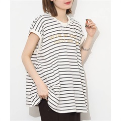 【Arinomama】フレンチスリーブTシャツ 天竺ボーダー タック入り