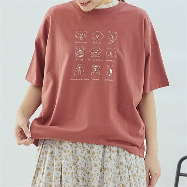 【Cloudnine】半袖Tシャツ 犬刺繍 UV加工 コットン天竺(20RED×IVORY)