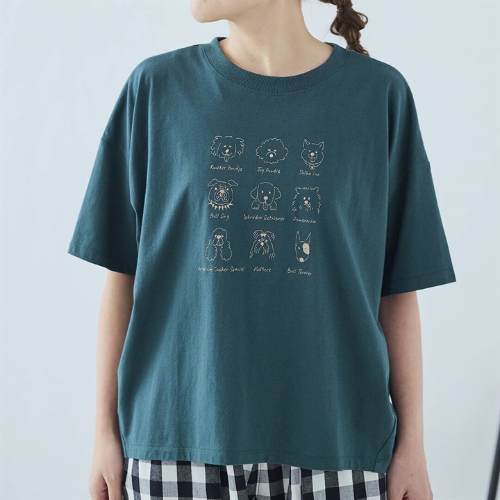 【Cloudnine】半袖Tシャツ 犬刺繍 UV加工 コットン天竺(75GREEN×BEIGE)
