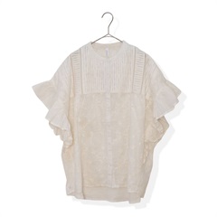 【Lupilien】半袖ブラウス パッチワークフリル ピンタック 前開き(002OFF WHITE)