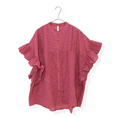 【Lupilien】半袖ブラウス パッチワークフリル ピンタック 前開き(043PINK)