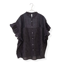 【Lupilien】半袖ブラウス パッチワークフリル ピンタック 前開き(006BLACK)