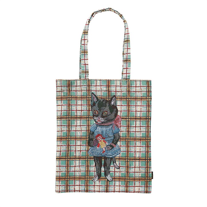 【Nathalie Lete】Rectangle tote Check トートバッグ(Black cat)