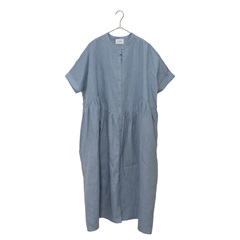 【YURK Geniet van】半袖リネンワンピース ドルマンギャザー 前開き(BLUE)