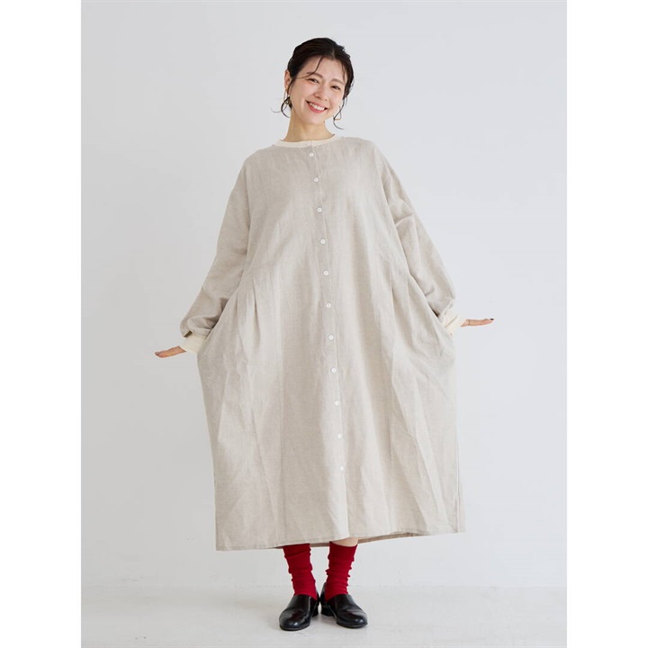 【YURK Geniet van】長袖ワンピース リネンコットンリブコンビ 前開き
