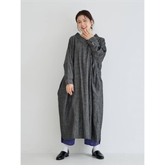 【YURK Geniet van】長袖ワンピース 綿麻スラブデニム フリンジドルマン