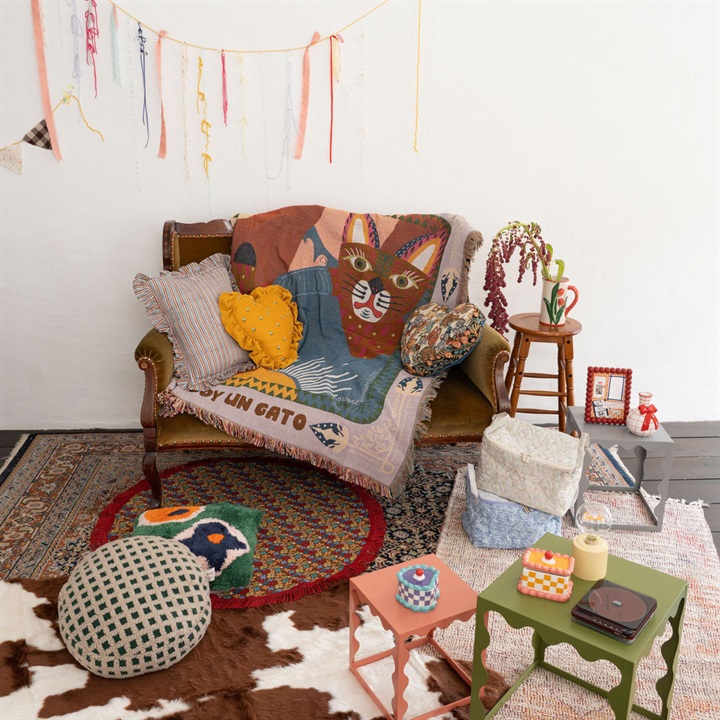 フリルストライプブロックプリントクッションカバー｜てんとてん