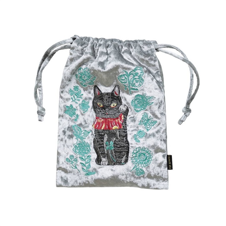 Nathalie Lete】Velour Drawstring pouch Lucky cat ベロア巾着ポーチ