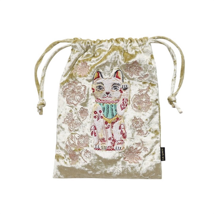 Nathalie Lete】Velour Drawstring pouch Lucky cat ベロア巾着ポーチ