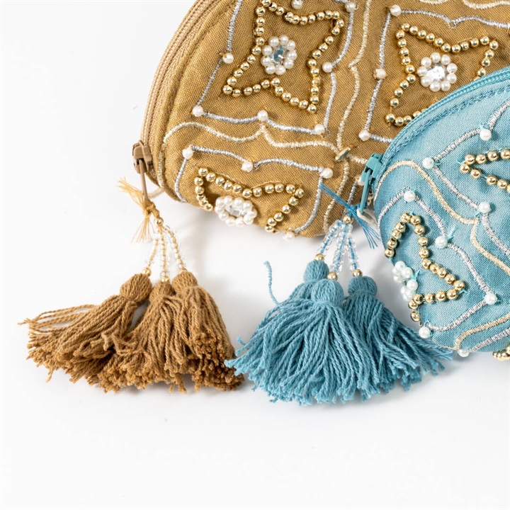 Indianフリンジポーチ 90‘ Hand Made 新品 Craft India】ミニポーチ プラキシャ｜てんとてん｜インテリア雑貨